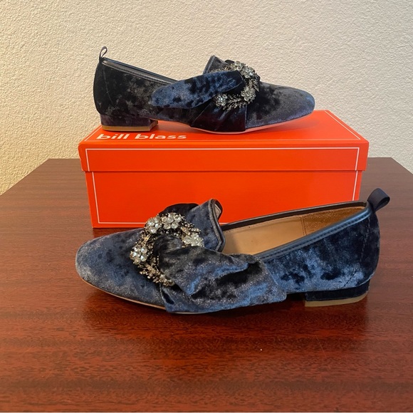 NIB Anthropologie Bill Blass Velvet Leather Blue Crystal Loafers - Picture 5 of 8